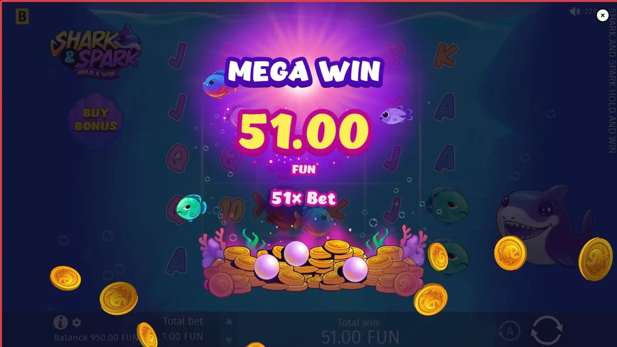 Tampilan visual permainan slot Shark & Spark Hold & Win dengan tema bawah laut yang ceria
