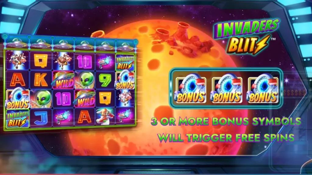 Tampilan antarmuka permainan slot Invaders Blitz dengan tema invasi alien dan sapi luar angkasa.